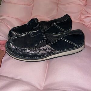 Black Slip-On Loafers with Lace Print Accent